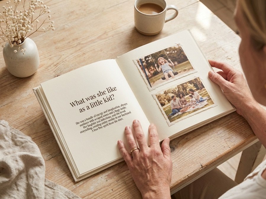 An open Gently book showing a weekly question and family photos